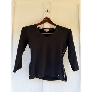 Burberry Womens Black V Neck 3/4 Sleeve Pullover Blouse Top Size Small